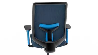 Rear view of an ergonomic office chair: dark blue mesh back, black frame, bright blue lumbar support and armrest accents.