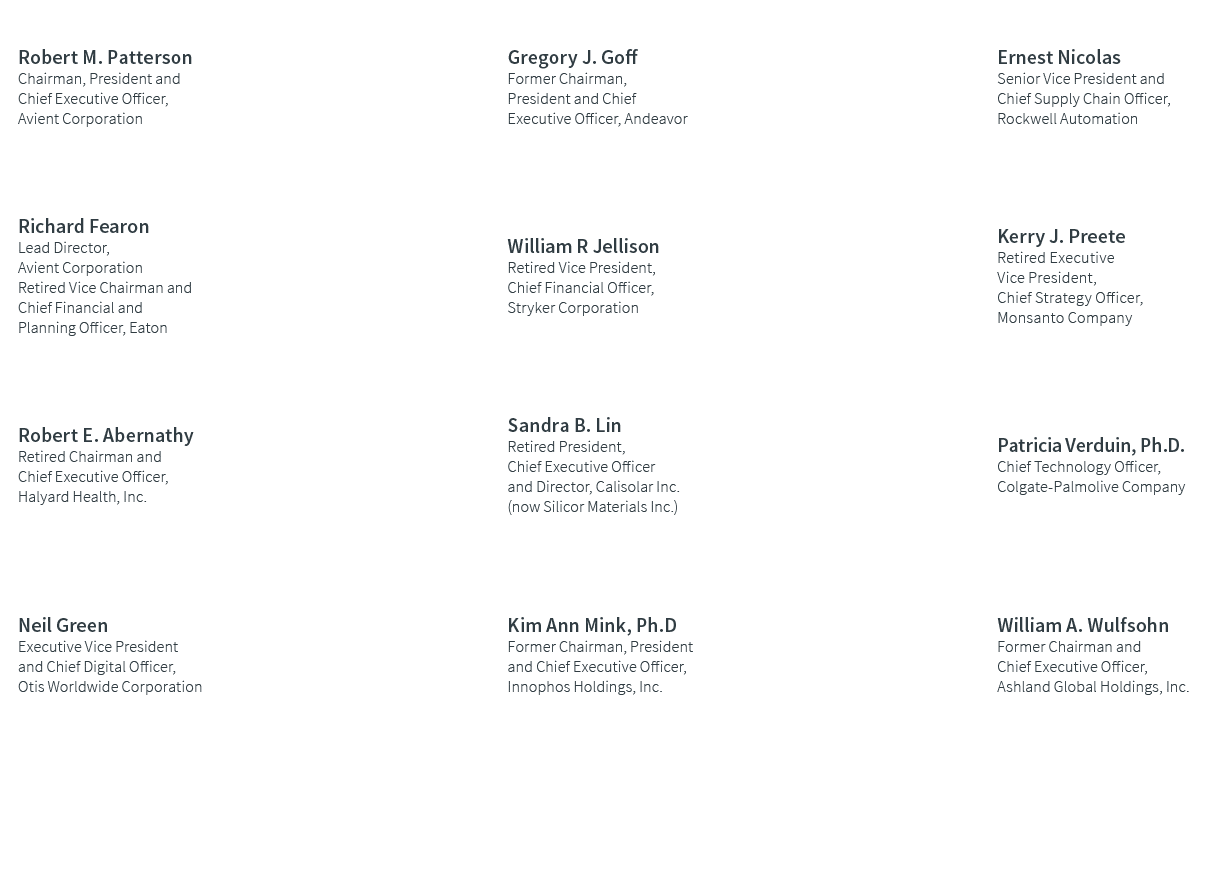 Robert M  Patterson Chairman, President and Chief Executive Officer, Avient Corporation,,Gregory J  Goff Former Chair   