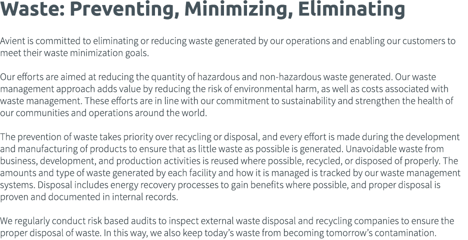 Waste: Preventing, Minimizing, Eliminating Avient is committed to eliminating or reducing waste generated by our oper   