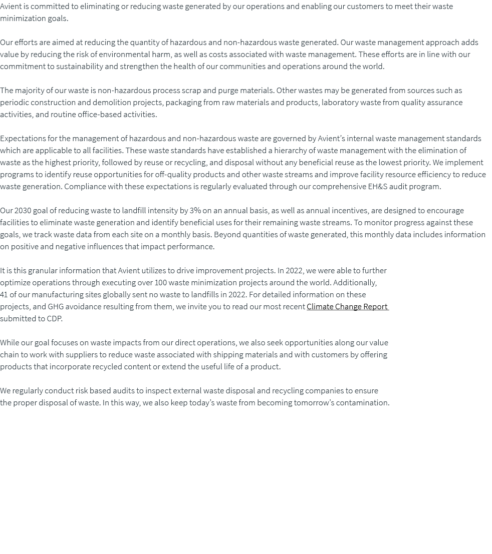 Avient is committed to eliminating or reducing waste generated by our operations and enabling our customers to meet t...
